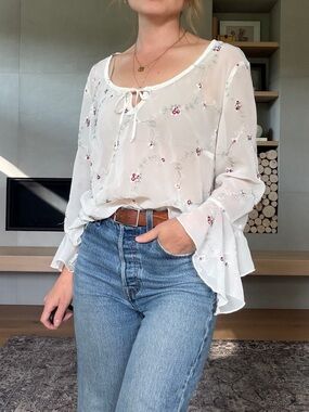Vintage whimsical sheer Floral flounce sleeve Tie-Neck Blouse